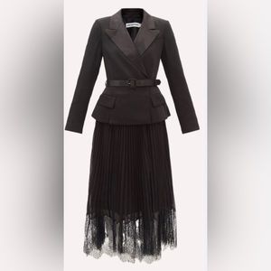 Self-Portrait Black Tailored Crepe & Chiffon Midi Dress US Size 8